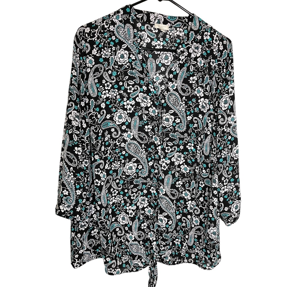 Talbots 2X Black Teal Paisley Floral Button Front Tie Hem Blouse Boho Career